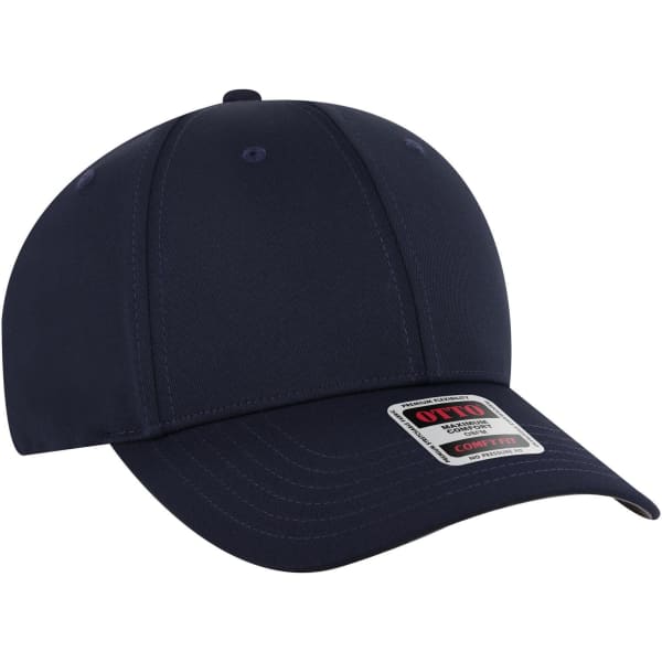 A navy blue baseball cap with a low profile and six panels, featuring a logo on the front.