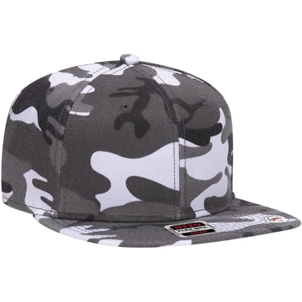 A grey and white camo 6 panel mid profile snapback cap with a logo.