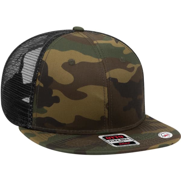A camouflage 6 panel mid-profile trucker cap with a mesh back and a logo on the front.