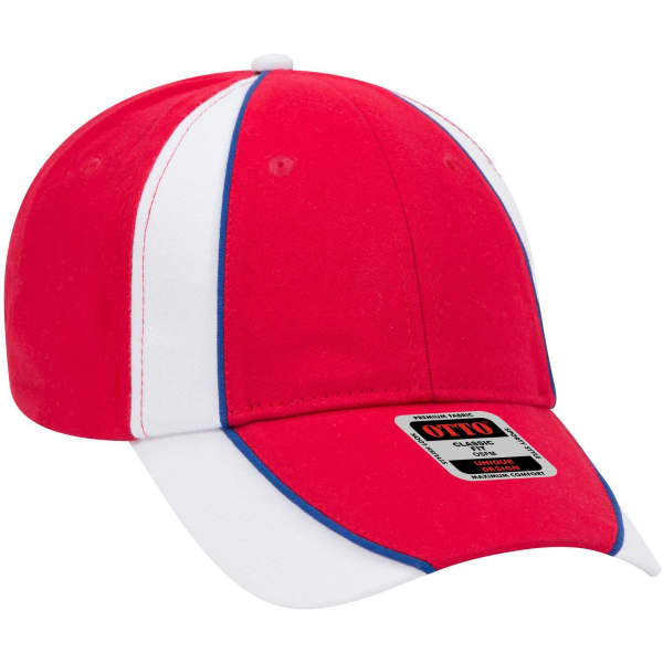 A red and white 6-panel low profile baseball cap with contrasting blue stitching and a logo on the front.