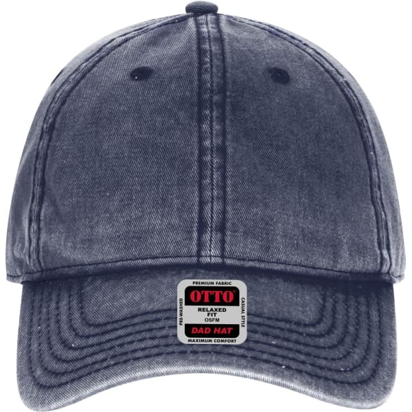 A dark denim 6 panel low profile dad cap featuring a stitched brim and a logo tag on the front.