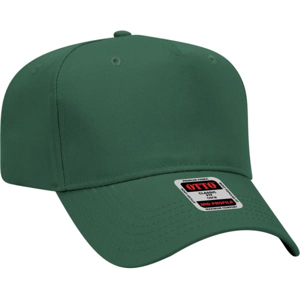 A green 5 panel mid crown baseball cap featuring a logo on the front.