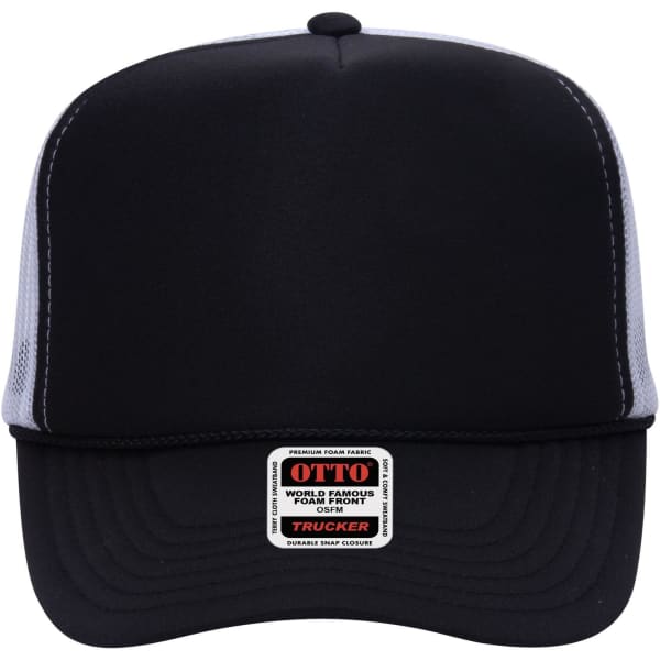 A black and grey 5-panel high crown trucker cap with a mesh back and a logo on the front.