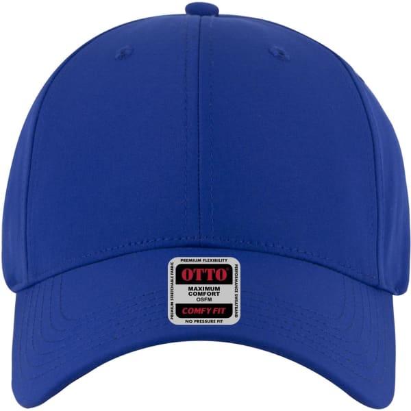 A blue 6 panel low profile baseball cap with a branded label at the front.