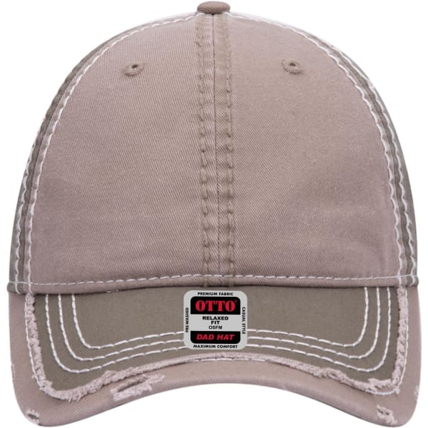 A beige six-panel low profile dad cap with a curved brim and a logo patch on the front.