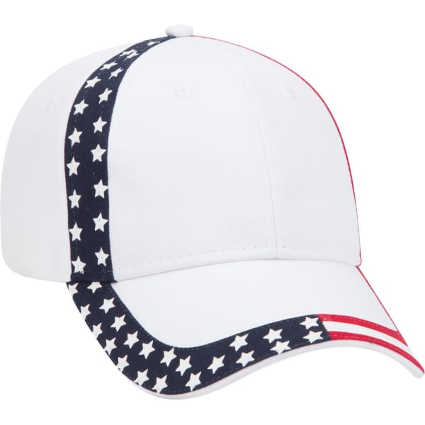 A white baseball cap featuring red and blue star-patterned accents and a logo.