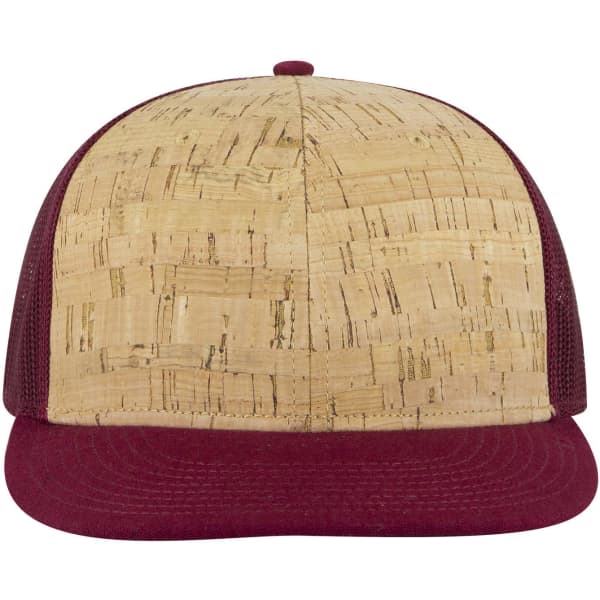 A trucker cap featuring a cork front and maroon mesh sides, topped with a matching maroon brim.
