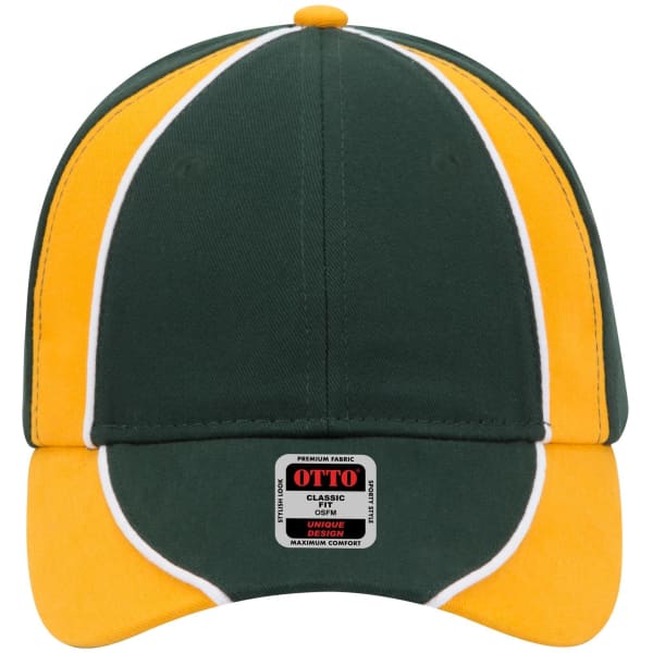 A green and yellow 6-panel low profile baseball cap featuring a logo on the front.