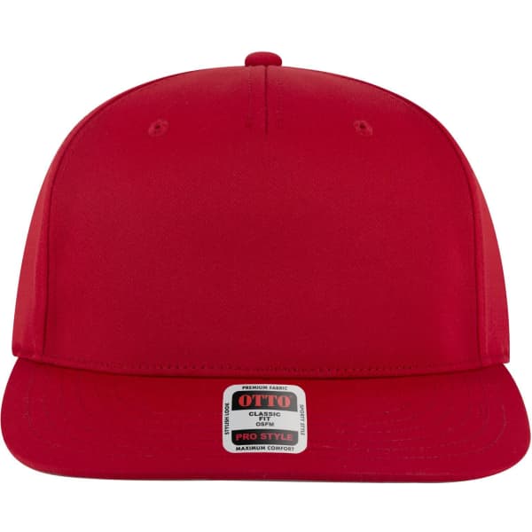 A red 5 Panel Pro Style Snapback Hat featuring a flat brim and a logo tag on the brim.