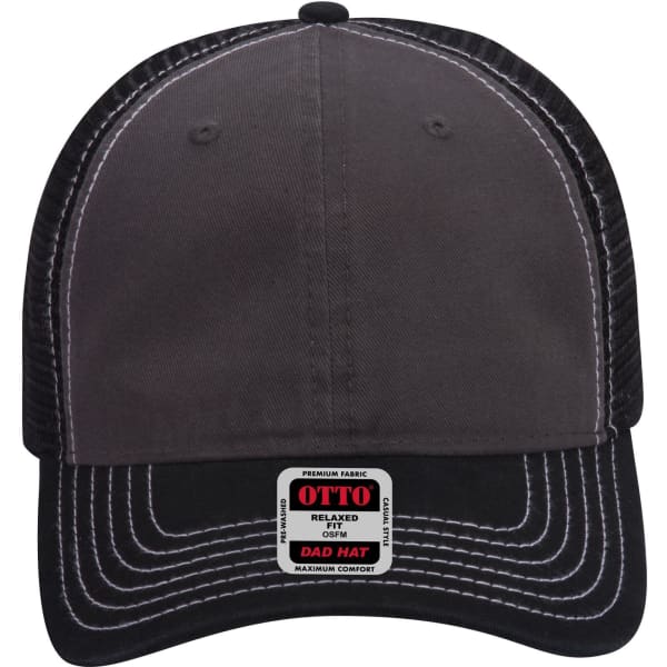 A black and grey 6 panel low profile trucker dad cap with a stitched design and logo.