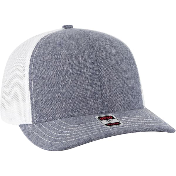 A grey 6 panel mid-profile trucker cap with a white mesh back and a logo on the front.