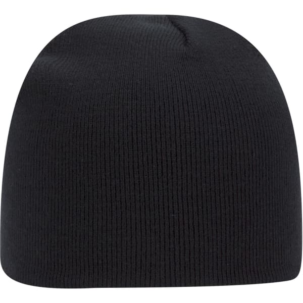 A classic knit beanie in black with a logo at the front, featuring a snug and simple design.
