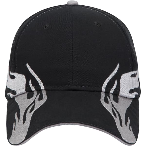 A black 6 panel low profile baseball cap featuring grey flame designs and a logo on the front.