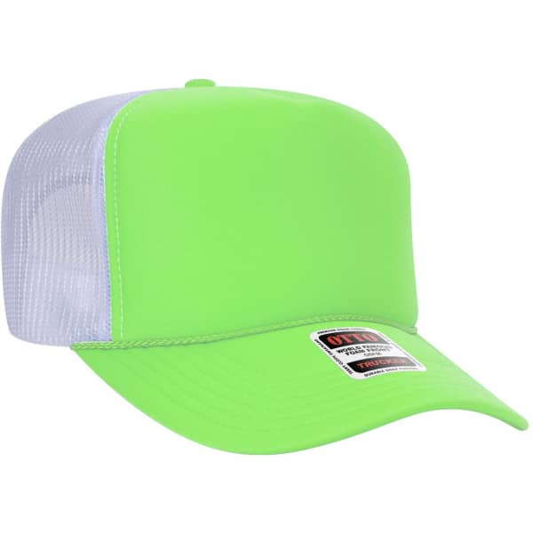 A bright green 5 Panel High Crown Trucker Cap with a mesh back and a small logo on the side.
