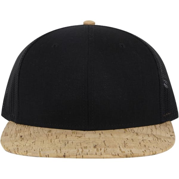 A black mid-profile trucker cap with a cork-patterned brim and a logo on the front.
