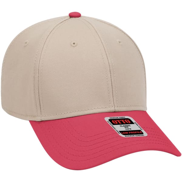 A low-profile baseball cap featuring a beige crown and a pink brim, with a logo on the front.