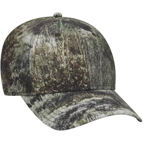 A camo-patterned, six-panel low profile baseball cap in shades of green and brown with a logo on the front.