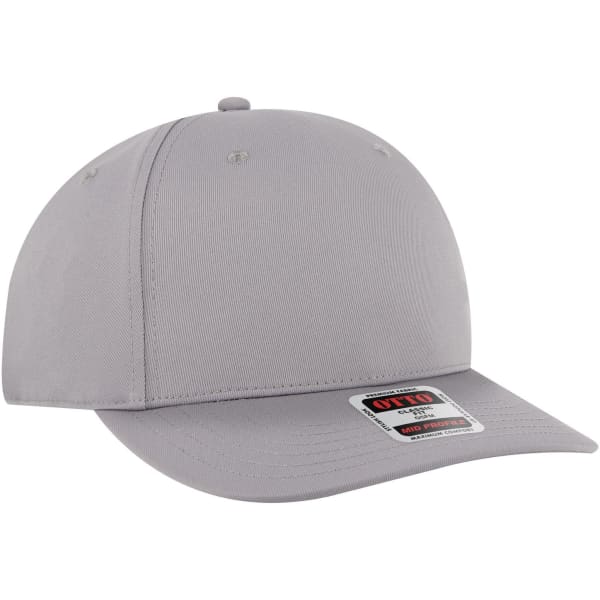 A grey seamless 6 panel mid-profile baseball cap with a curved brim and an attached logo.