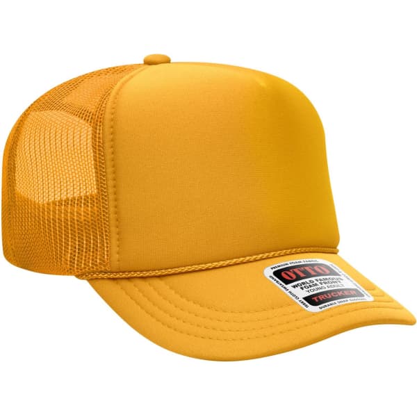 A yellow 5-panel high crown trucker cap with a mesh back and a label.
