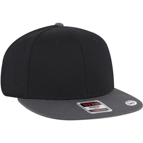 A black snapback cap with a grey brim, featuring a logo on the side.