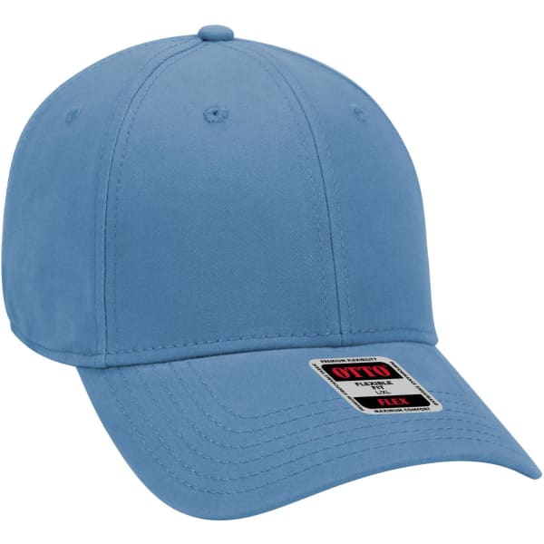 A light blue six-panel low profile baseball cap with a logo on the front.