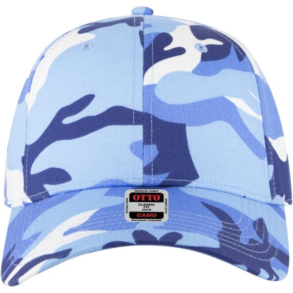 A low profile baseball cap in blue camouflage pattern featuring a logo on the front panel.
