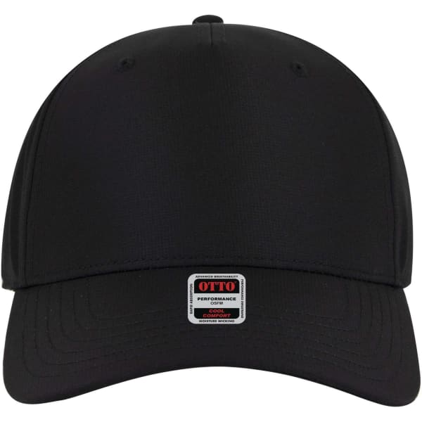 A black 5 panel mid profile style baseball cap with a logo on the front.