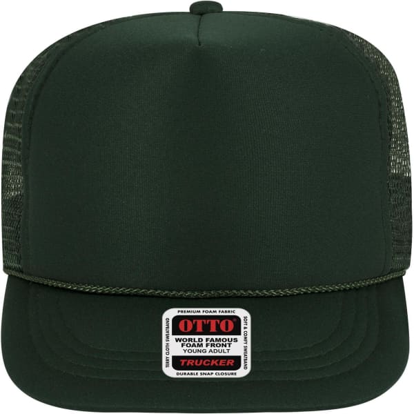 A dark green 5 Panel High Crown Trucker Cap with mesh sides and a label on the front.