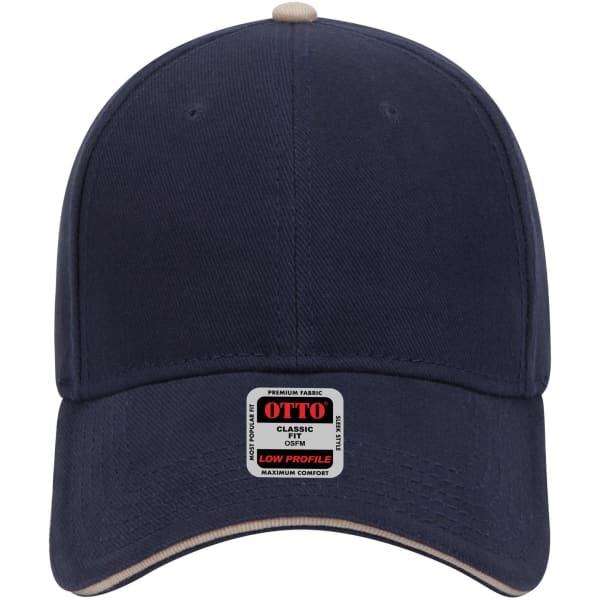 A navy blue 6 panel low profile baseball cap with a cream-coloured brim and a logo on the front.