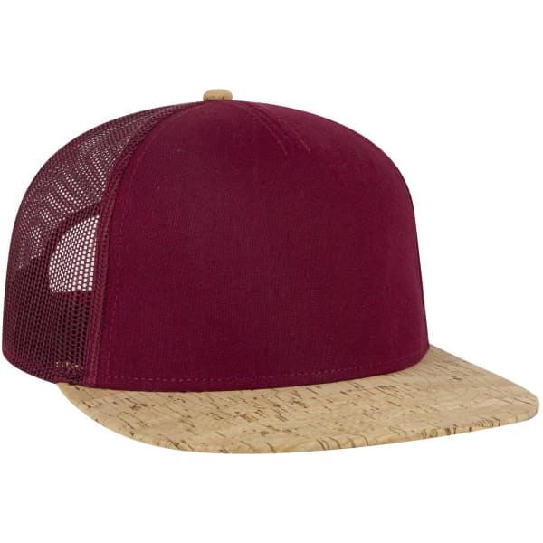 A maroon trucker cap with a cork brim and mesh sides, featuring a logo on the front.
