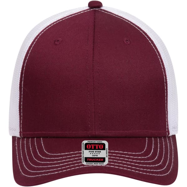 A maroon low profile trucker cap with a white mesh back and an adjustable strap. It features a logo on the front.