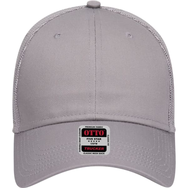 A grey 6 panel low profile trucker cap featuring a mesh back and a logo on the front panel.
