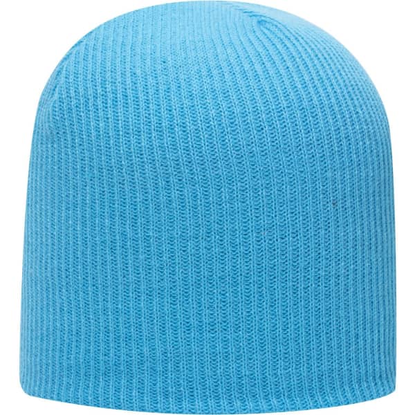 A blue rib knit beanie with a snug fit and textured design, featuring a logo on the side.
