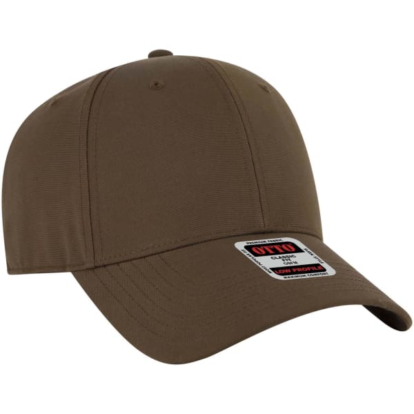 A brown low profile baseball cap with a rounded crown and a curved peak, featuring a logo on the side.