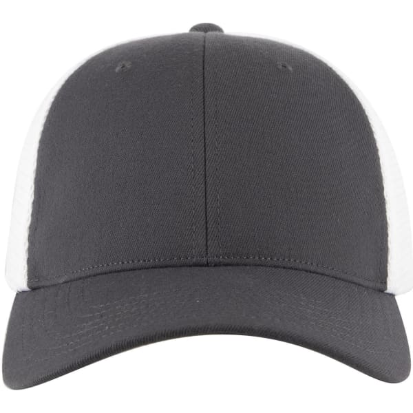 A low-profile trucker cap featuring a grey front and white mesh panels, with a branded logo.