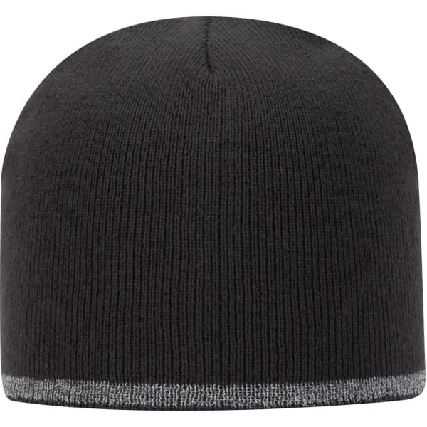 A black knit beanie with a reflective stripe at the bottom and a logo on the side.