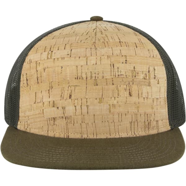 A five-panel trucker cap featuring a cork-style front and grey mesh sides, with a dark green brim.