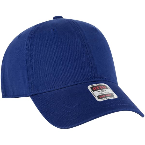 A blue 6 panel low profile dad cap with an adjustable strap and a logo on the front.