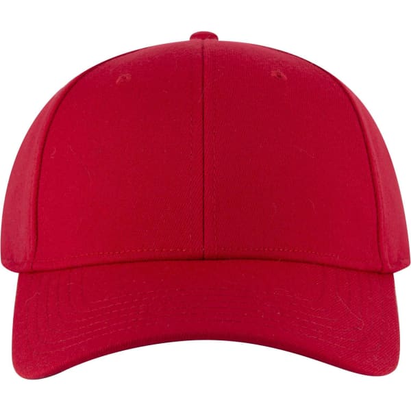 A red 6 panel low profile baseball cap with a curved brim and a logo on the front.