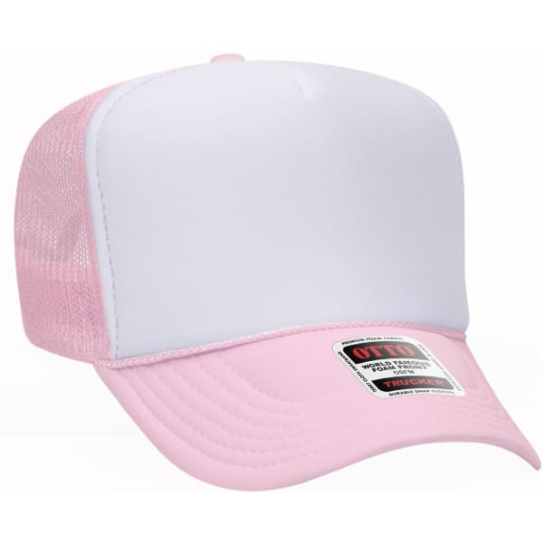 A pink and white 5 panel high crown trucker cap featuring a mesh back and an attached logo.