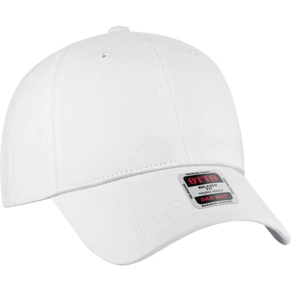 A white 6-panel low profile dad cap with a logo on the side. Ideal for casual wear.