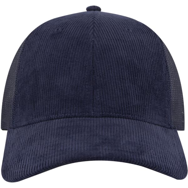A navy 6-panel low profile trucker cap with a textured fabric and mesh sides. Features a logo on the front.