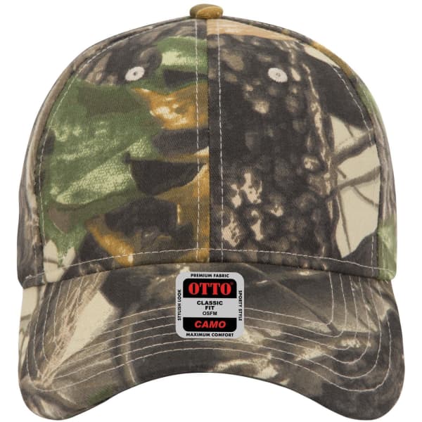 A camouflage 6-panel low profile baseball cap featuring shades of green, brown, and tan, with a logo on the front.