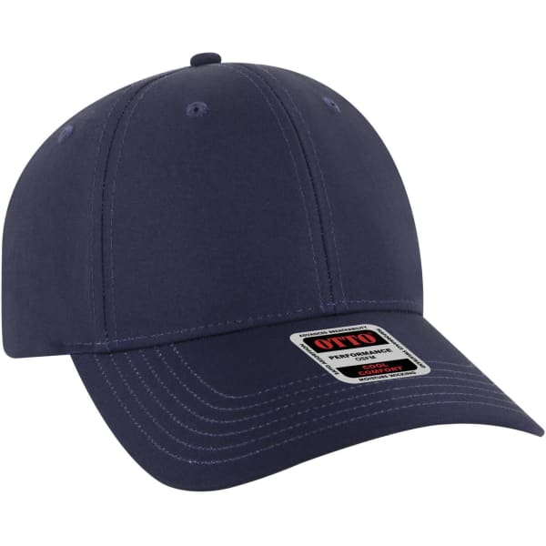 A dark navy 6-panel low profile baseball cap with a curved brim and a logo label on the front.