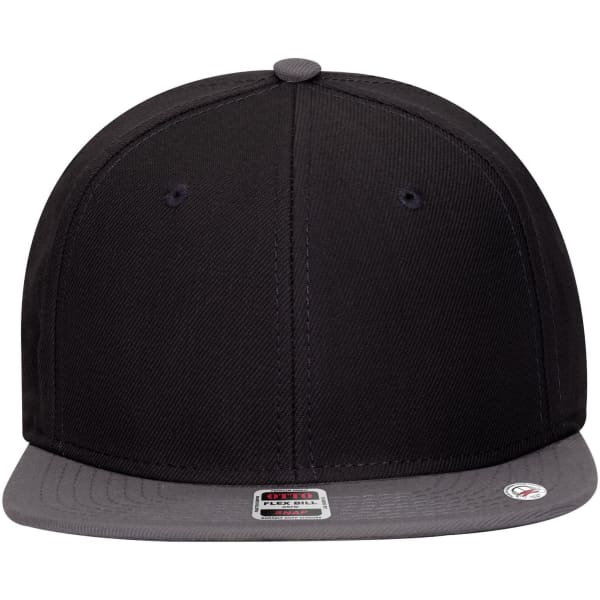 A snapback cap featuring a black crown and grey undervisor, with a logo on the side.