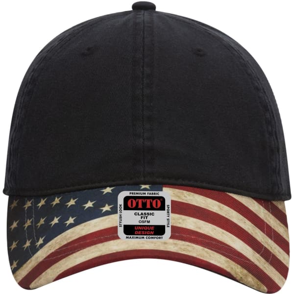 A black low-profile baseball cap with an American flag design on the brim and a logo tag on the underside.
