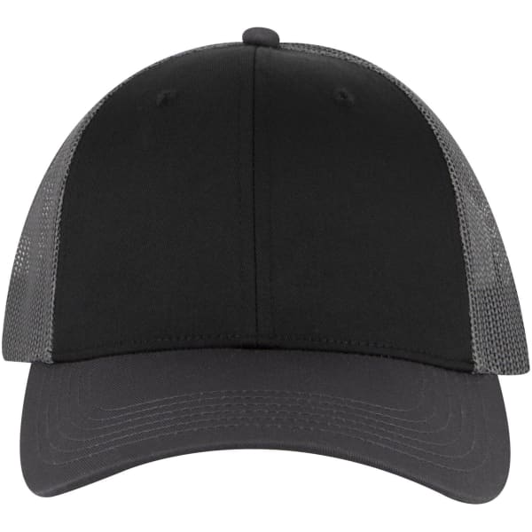 A black low-profile trucker cap featuring a solid front and grey mesh paneling at the back.