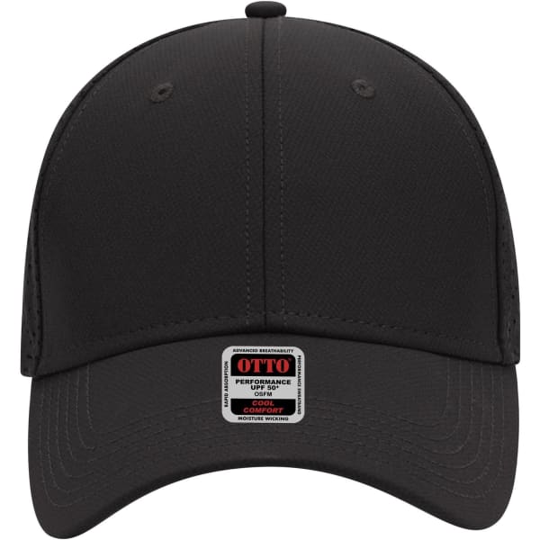 A black 6-panel low profile baseball cap featuring a logo on the front and ventilation holes on the sides.