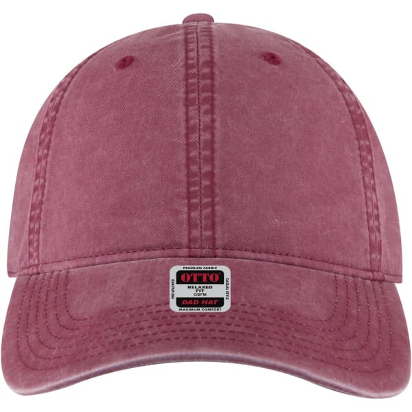 A dusty rose 6 panel low profile dad cap with a logo on the front and stitching details.