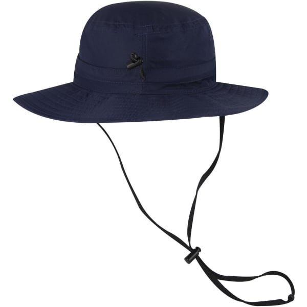 A navy polyester pongee boonie hat with a wide brim and adjustable chin strap. Features a logo.